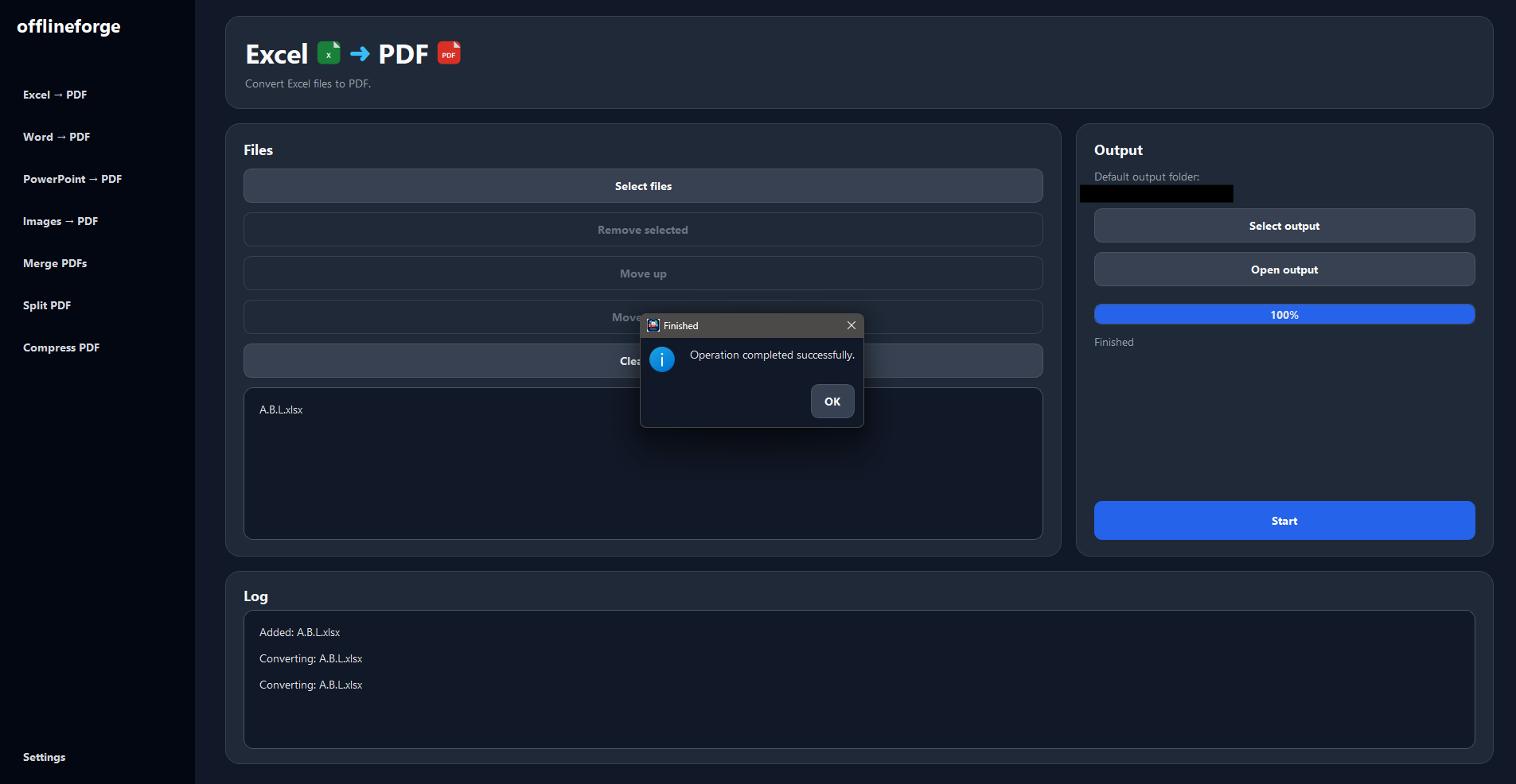 OfflineForge interface after a completed conversion